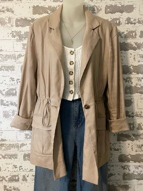 Calvin Klein Linen Blend Utility Jacket Beige Drawstring Waist Safari Blazer M